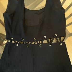 Black sleeveless midi dress with corset laced crop top skirt detail